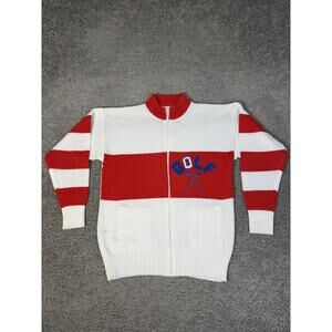 Vintage Golf Sweater Mens M White Full Zip Mock Neck Striped Acrylic Pockets
